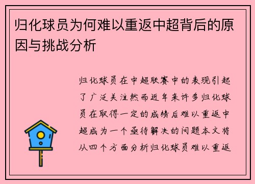 归化球员为何难以重返中超背后的原因与挑战分析
